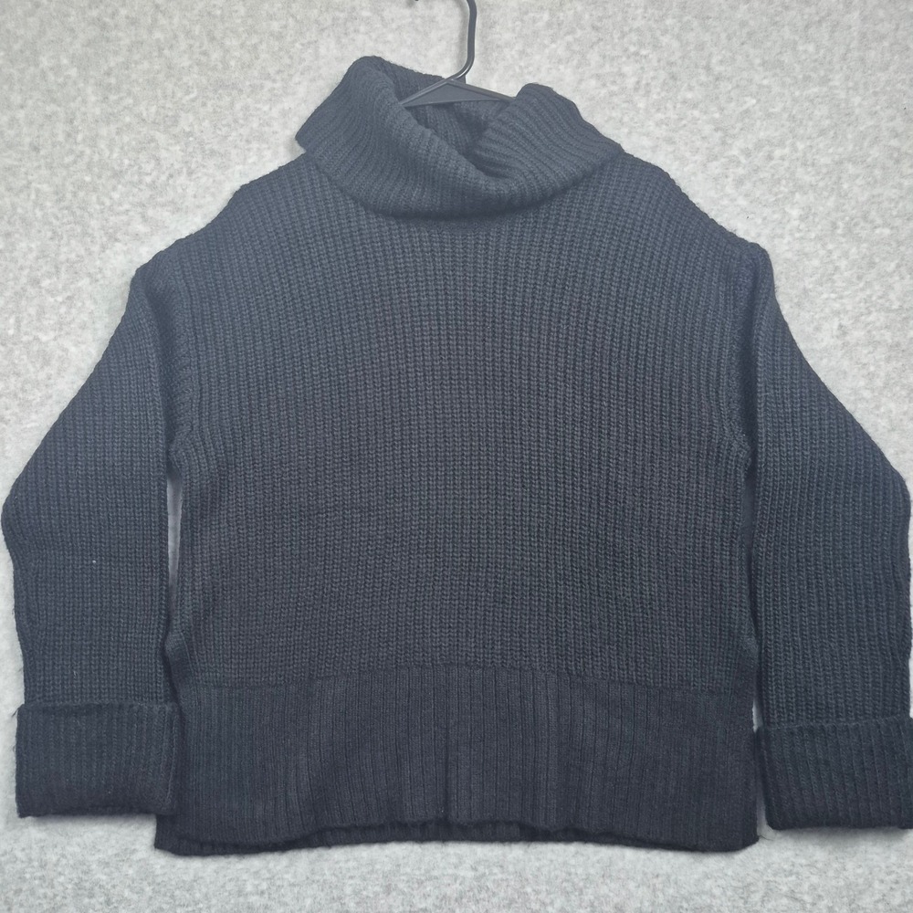 LOFT Turtleneck Sweater Womens Small Black Shaker Stitch Ribbed Knit Side Slit